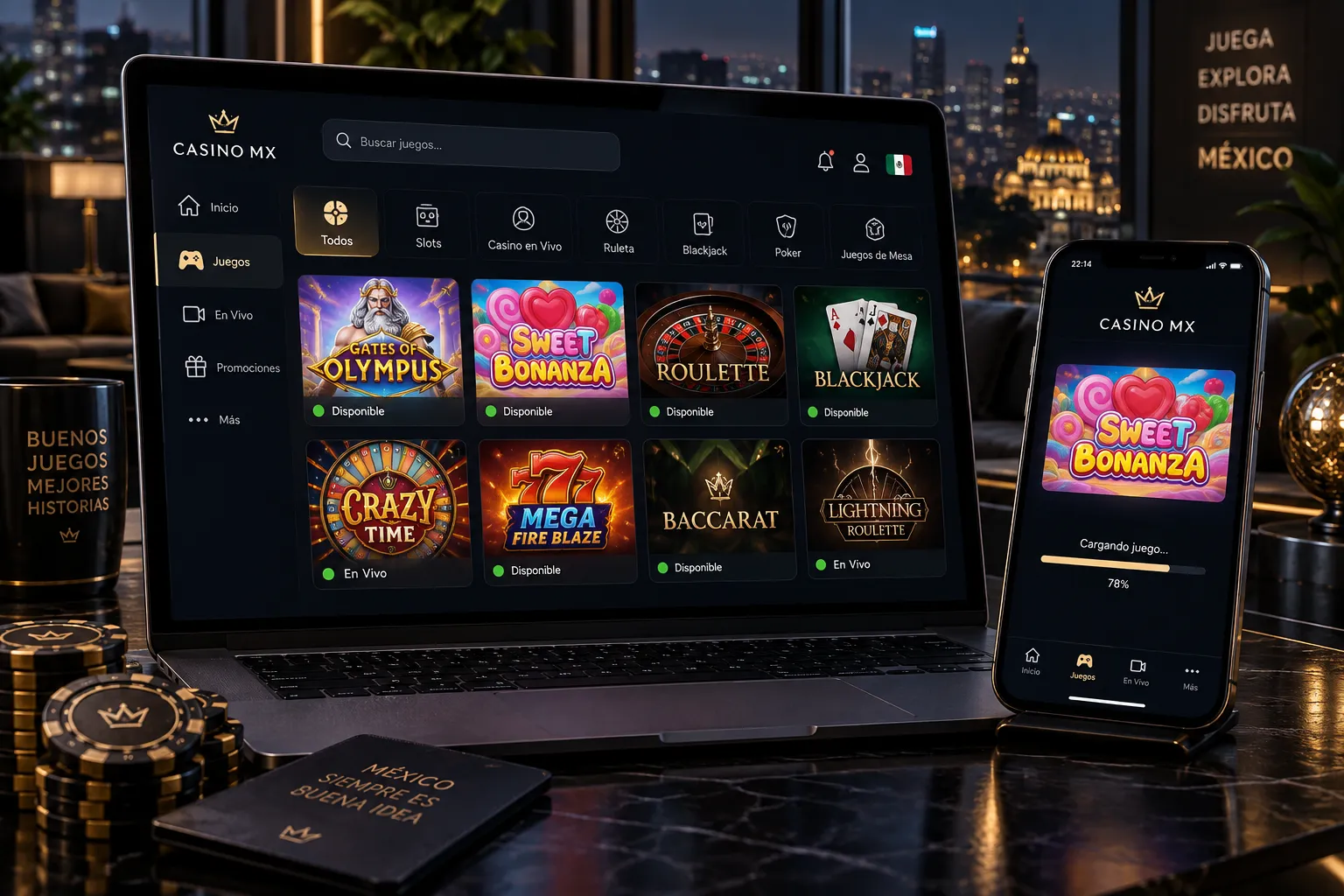 Catálogo de juegos de casino online con indicadores de disponibilidad