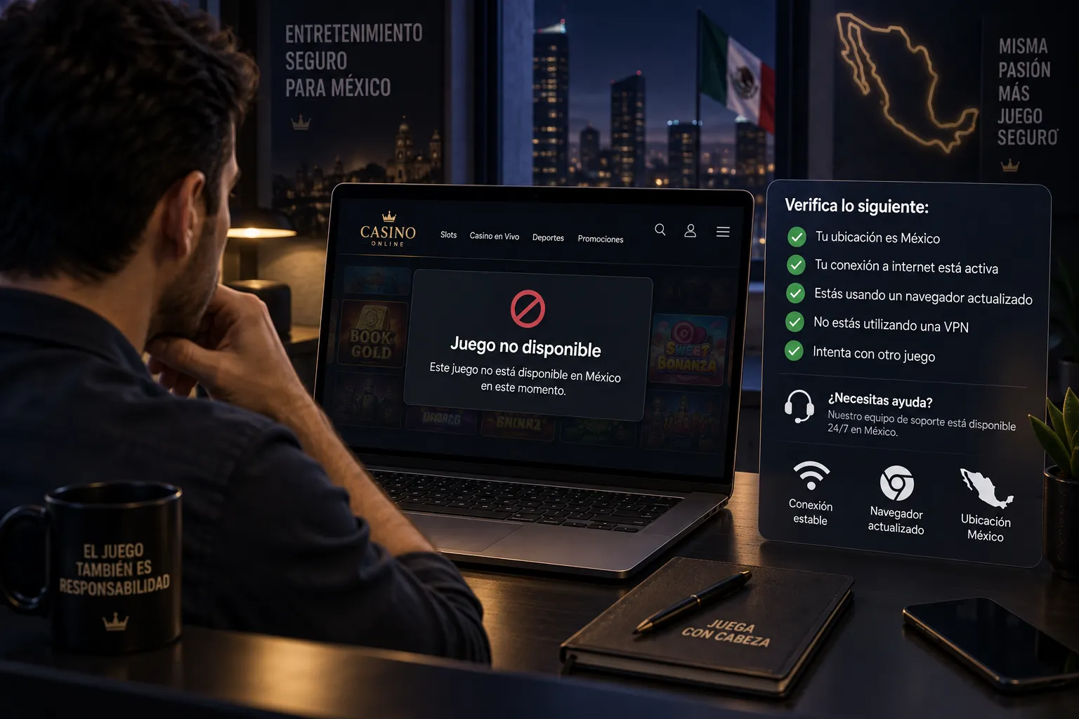 Comprobación de un error de acceso en un juego de casino online