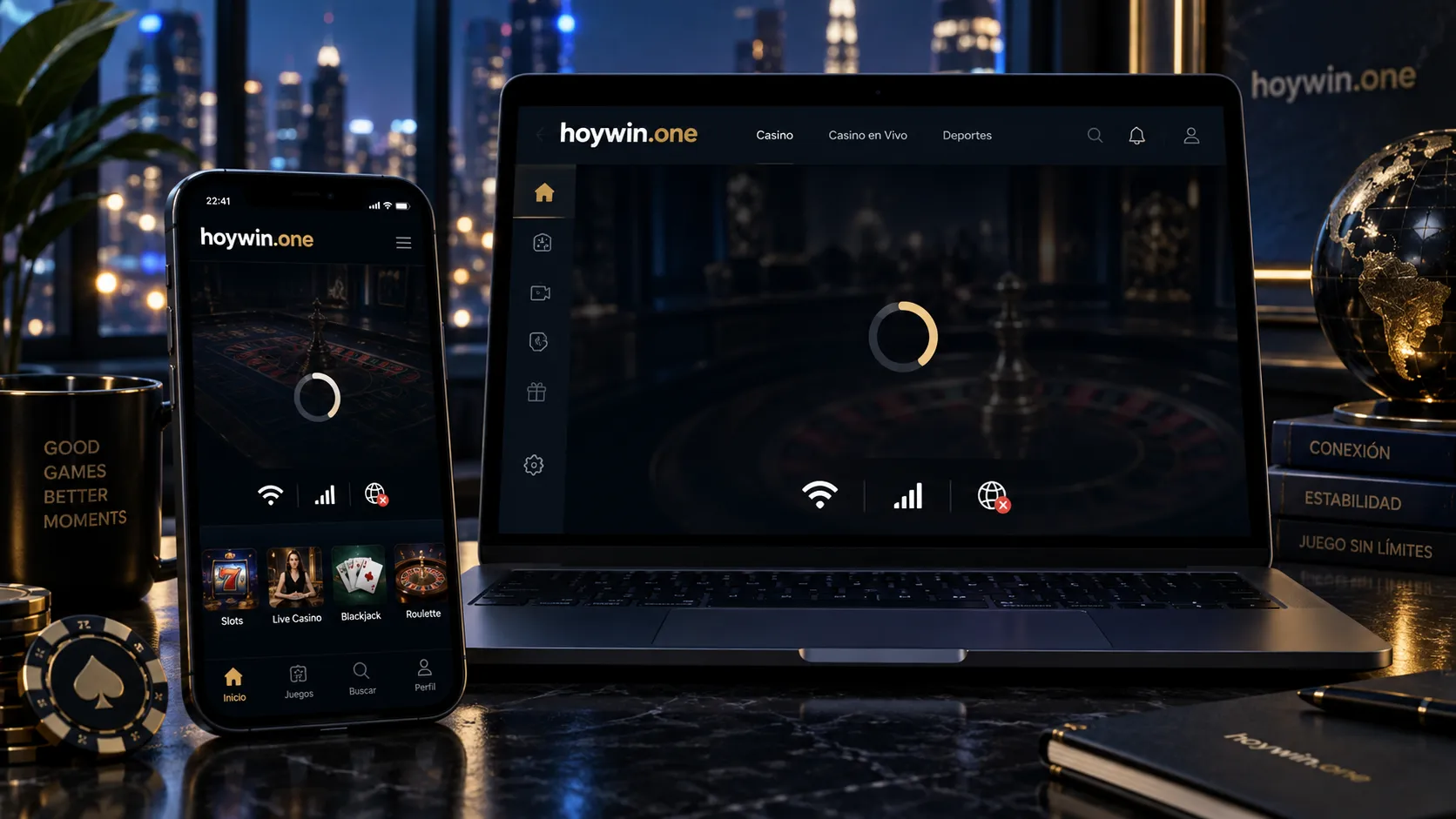 Pantalla de carga de un juego de casino online en un celular y una laptop