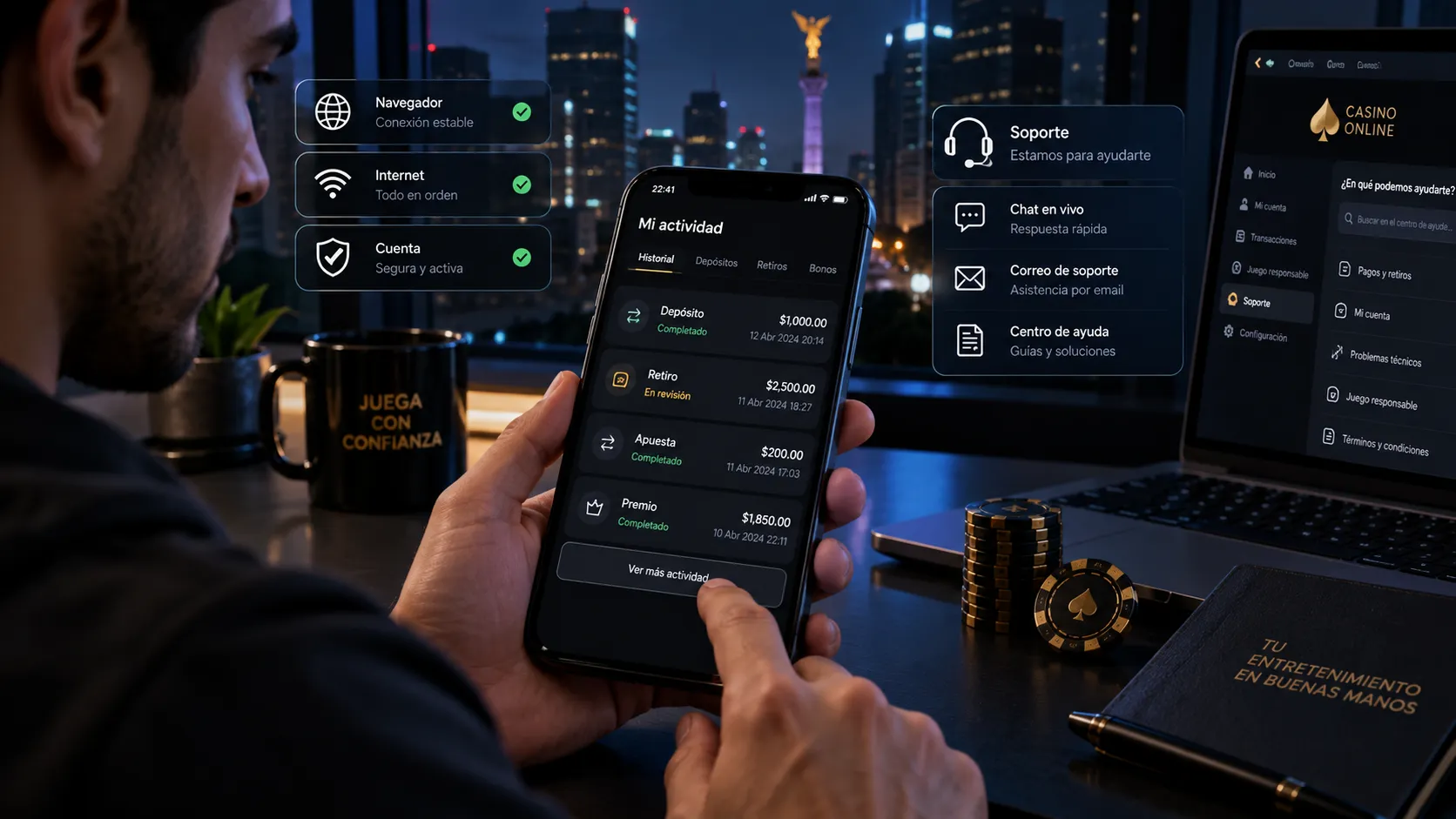 Consulta del historial y del estado de una operación de casino online