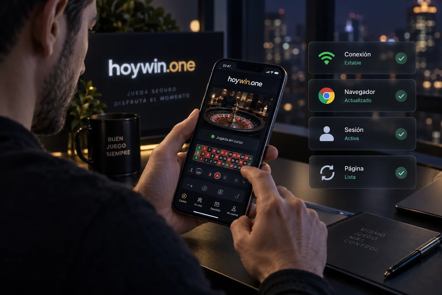 Revisión de conexión y sesión en un casino online móvil