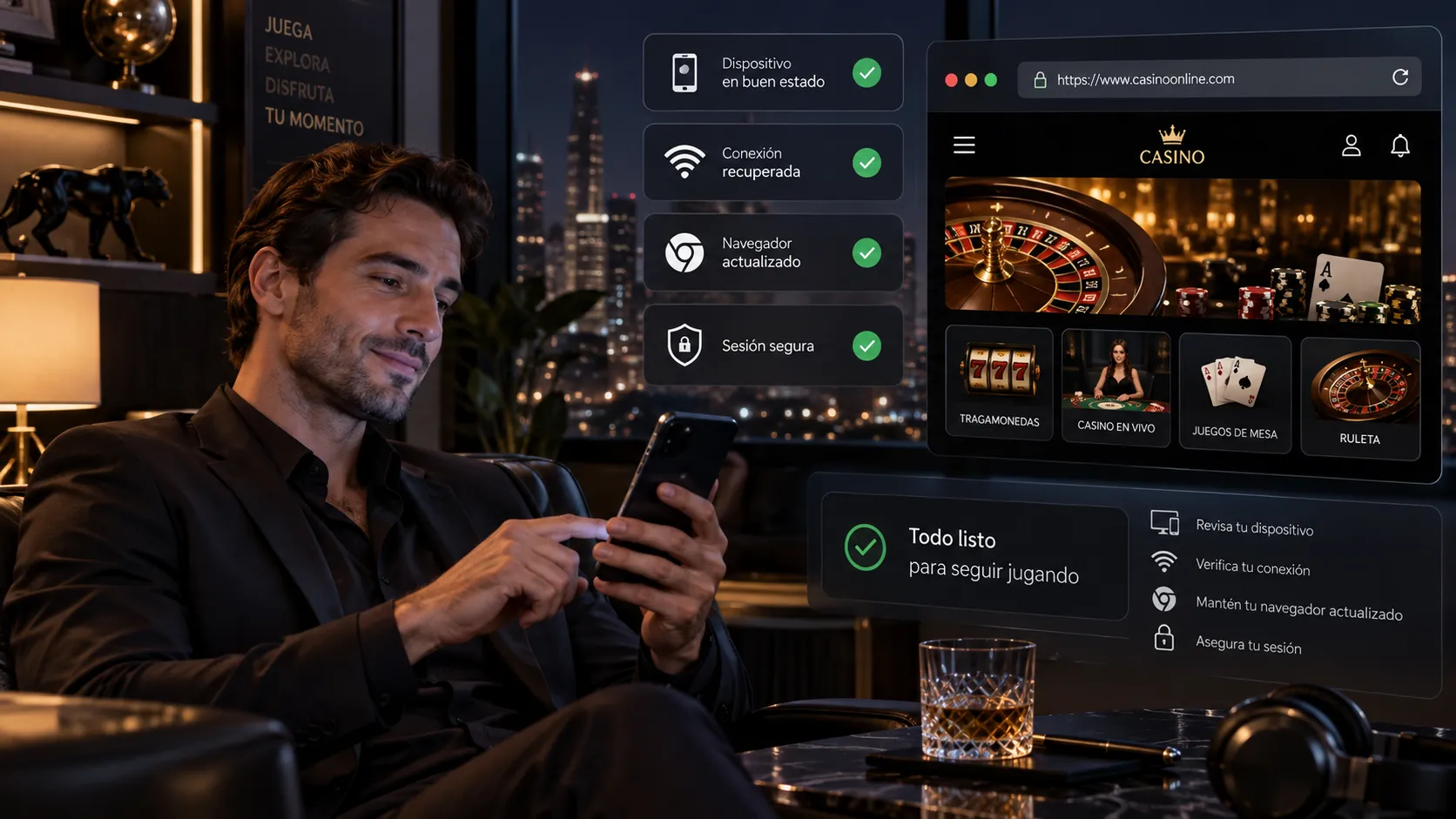 Revisión del navegador y del celular antes de abrir un casino online