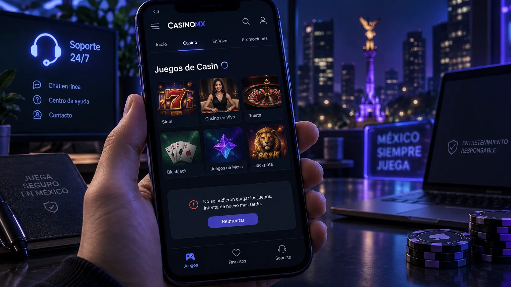 Juego de casino que muestra un error de carga en un teléfono