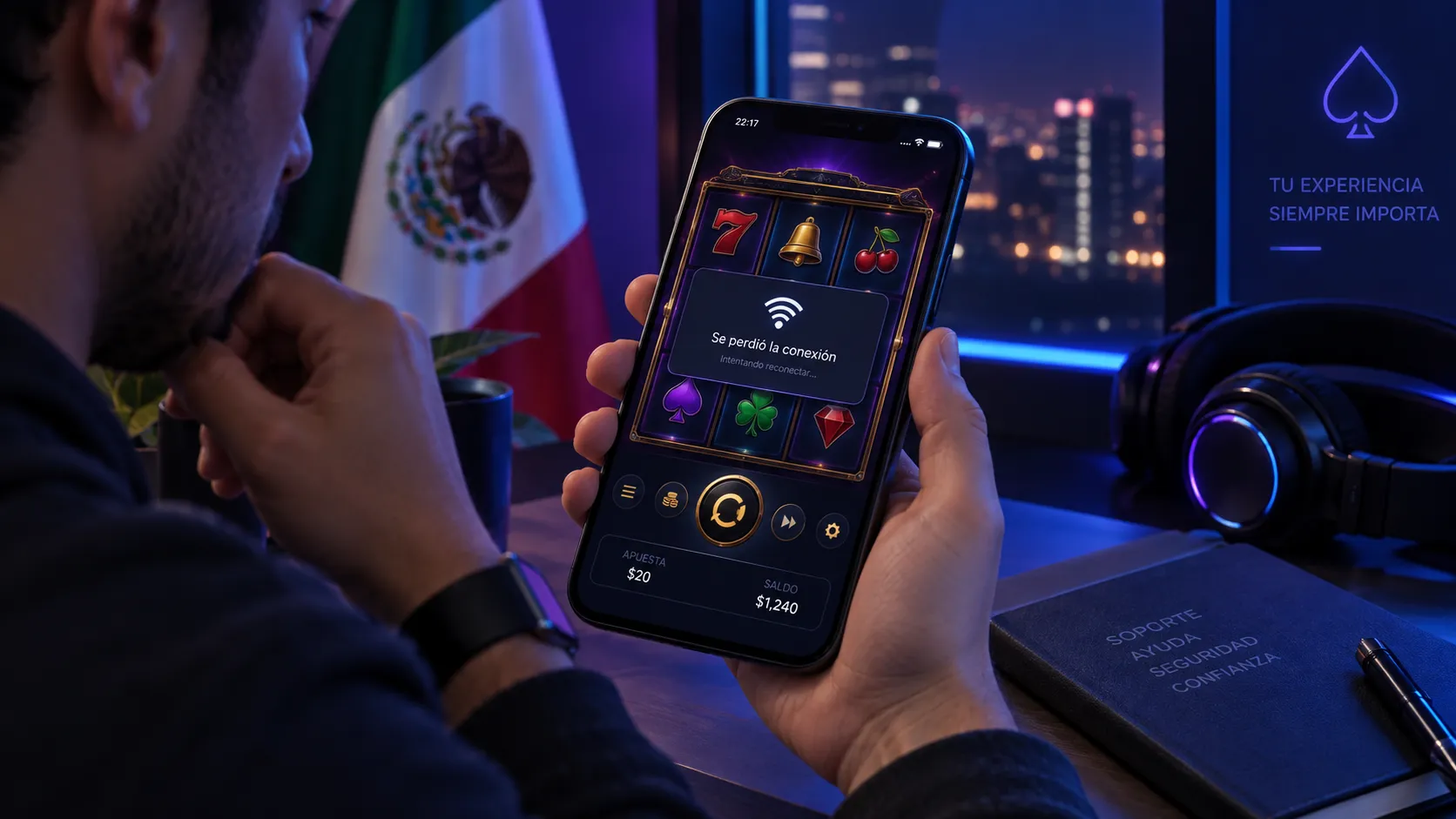 Juego de casino móvil mostrando un aviso de pérdida de conexión