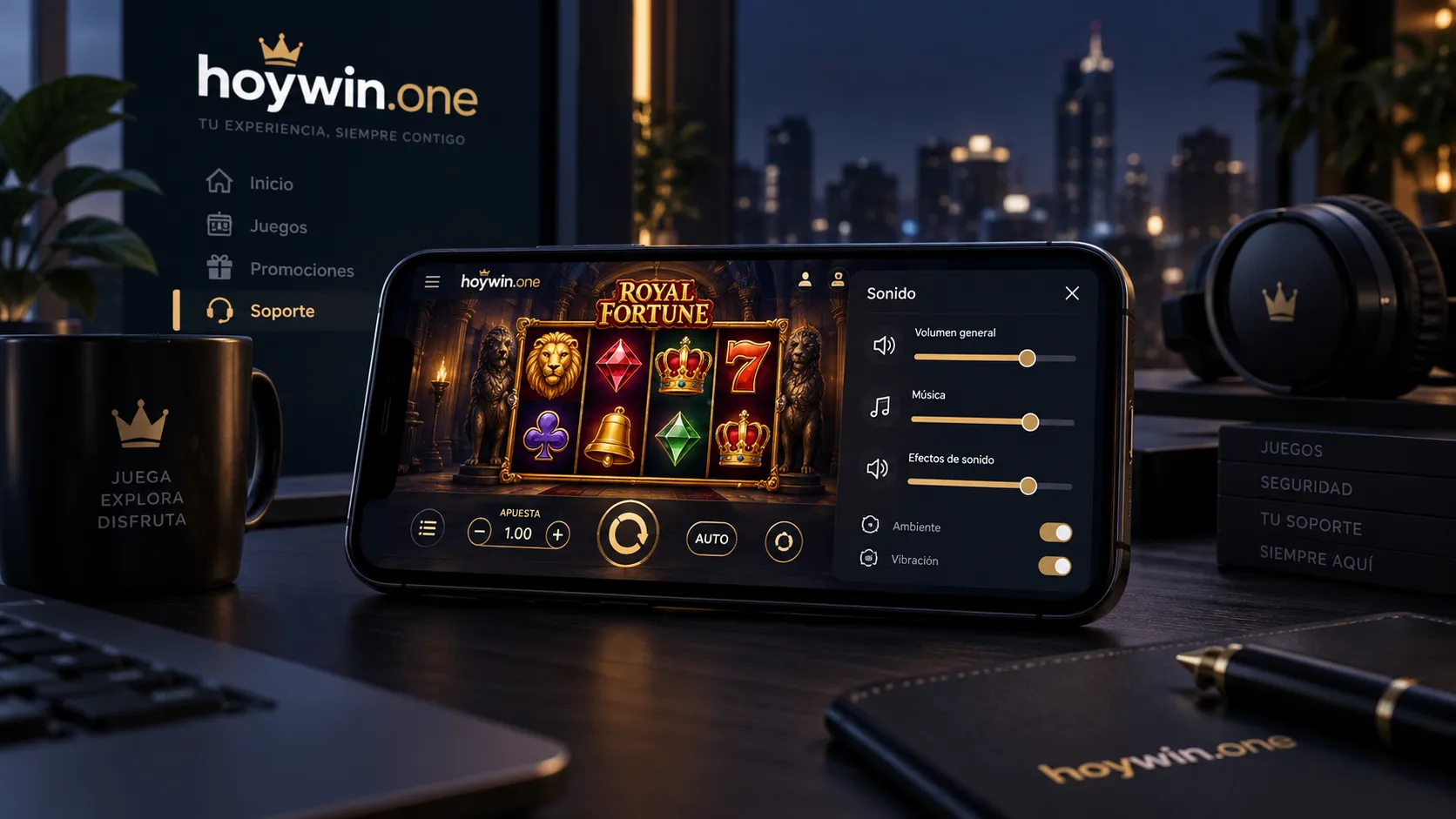 Juego de casino en un celular con controles de sonido visibles