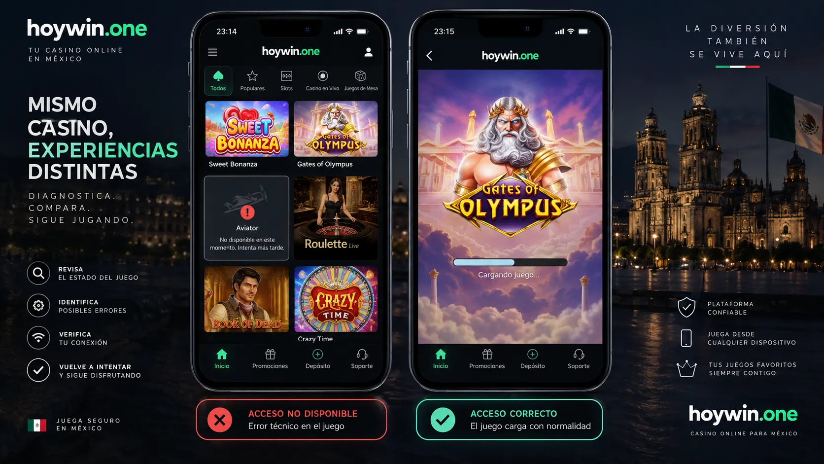Comparación entre un juego de casino disponible y otro con error de acceso