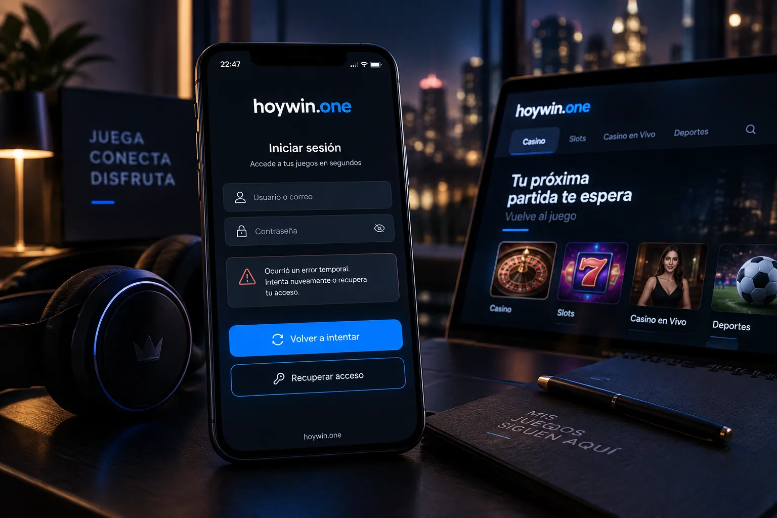 Pantalla móvil de hoywin.one para recuperar el acceso a juegos después de un error
