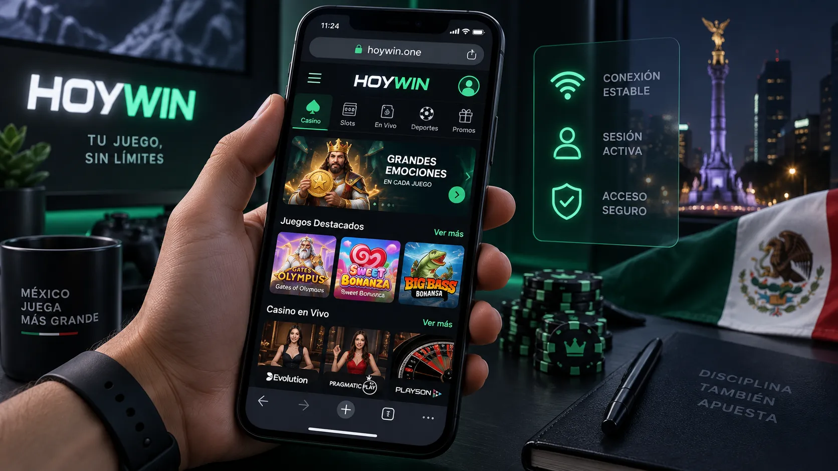 Comprobación de sesión y carga de juegos de hoywin.one en un dispositivo móvil