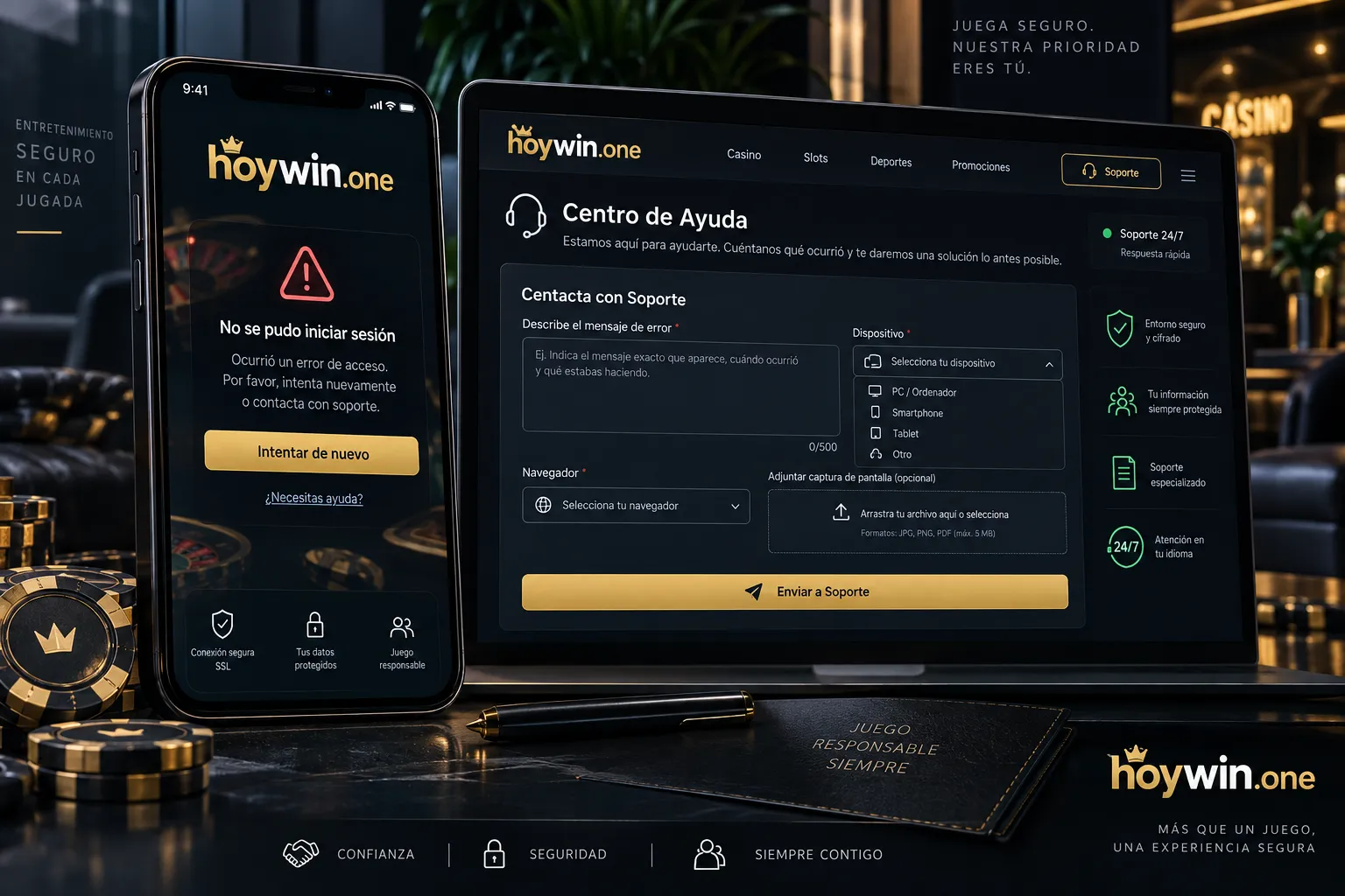 Formulario de soporte de hoywin.one para informar un error de acceso a juegos