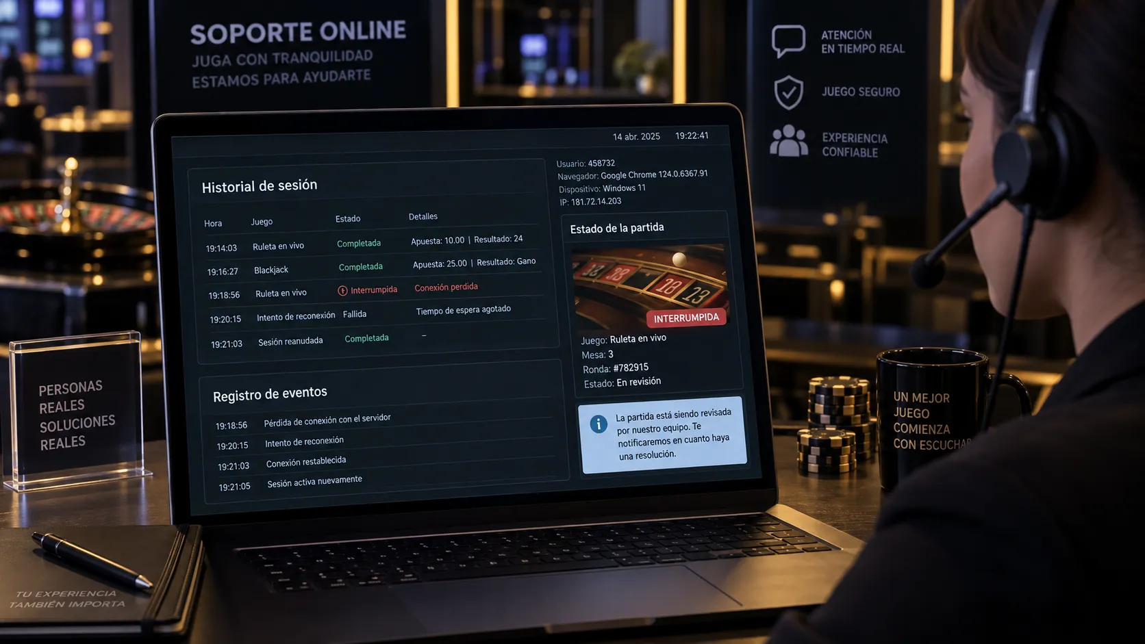 Comprobación del estado de una partida de casino después de una interrupción