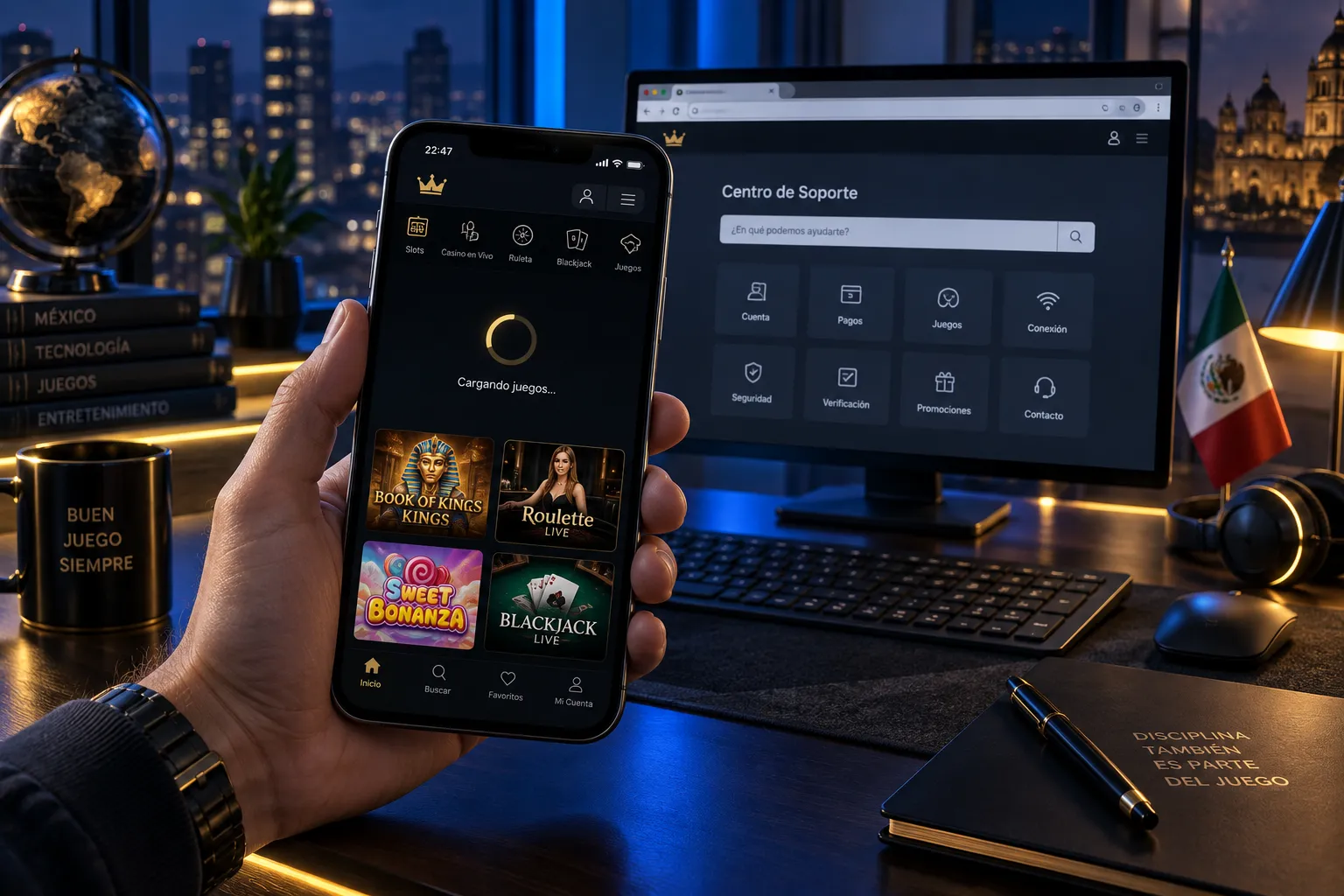 Celular mostrando la interfaz de juegos de casino y una revisión de conexión