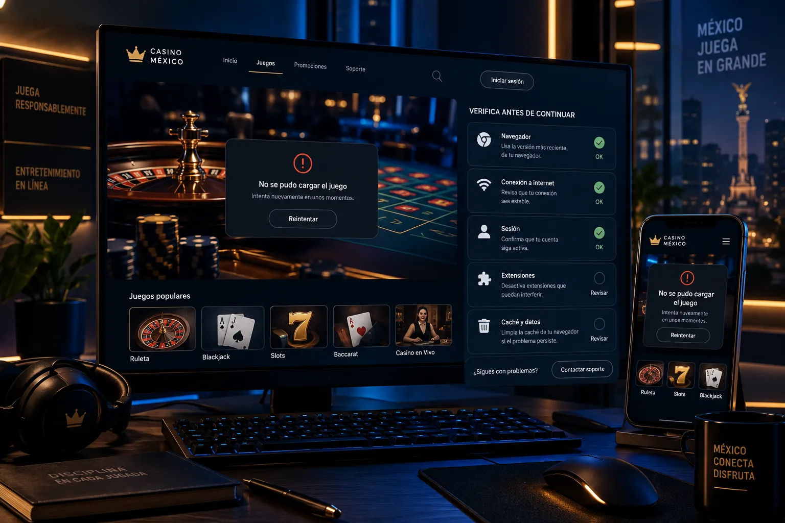 Revisión de errores técnicos en una sesión de juegos de casino