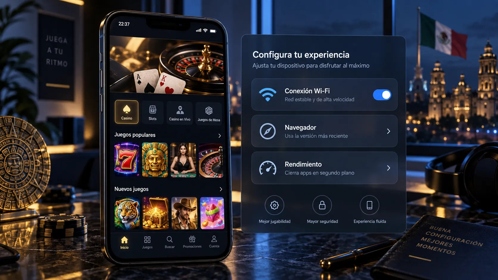 Celular mostrando ajustes de conexión y acceso a juegos de casino