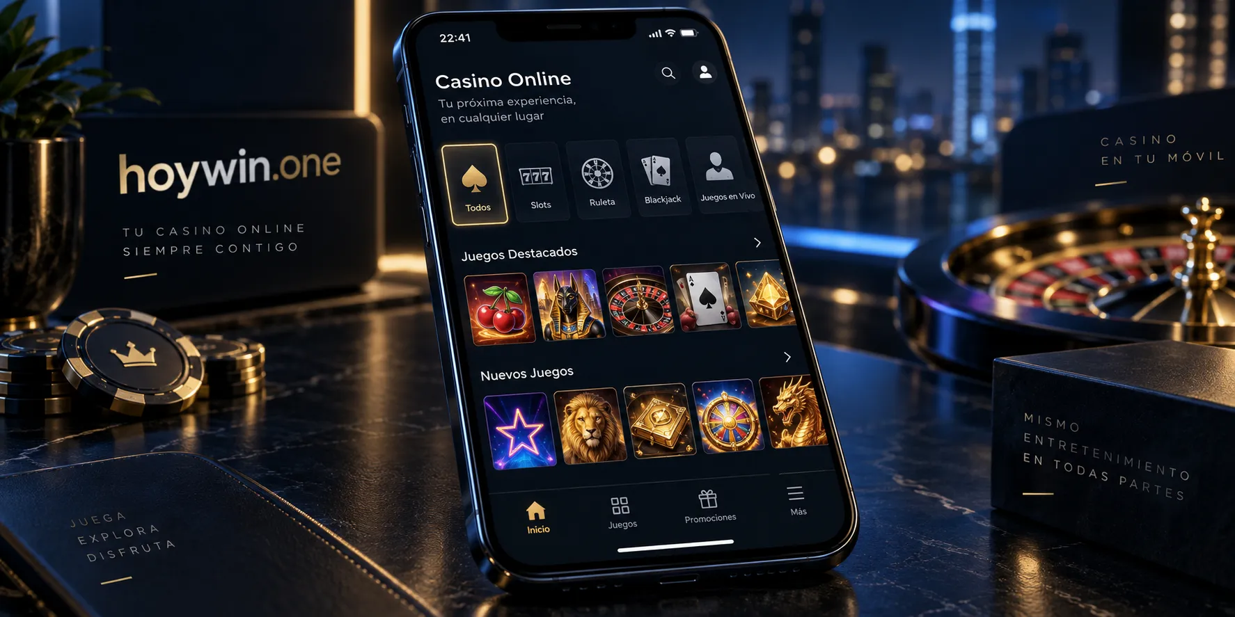Smartphone con una interfaz de casino online móvil organizada