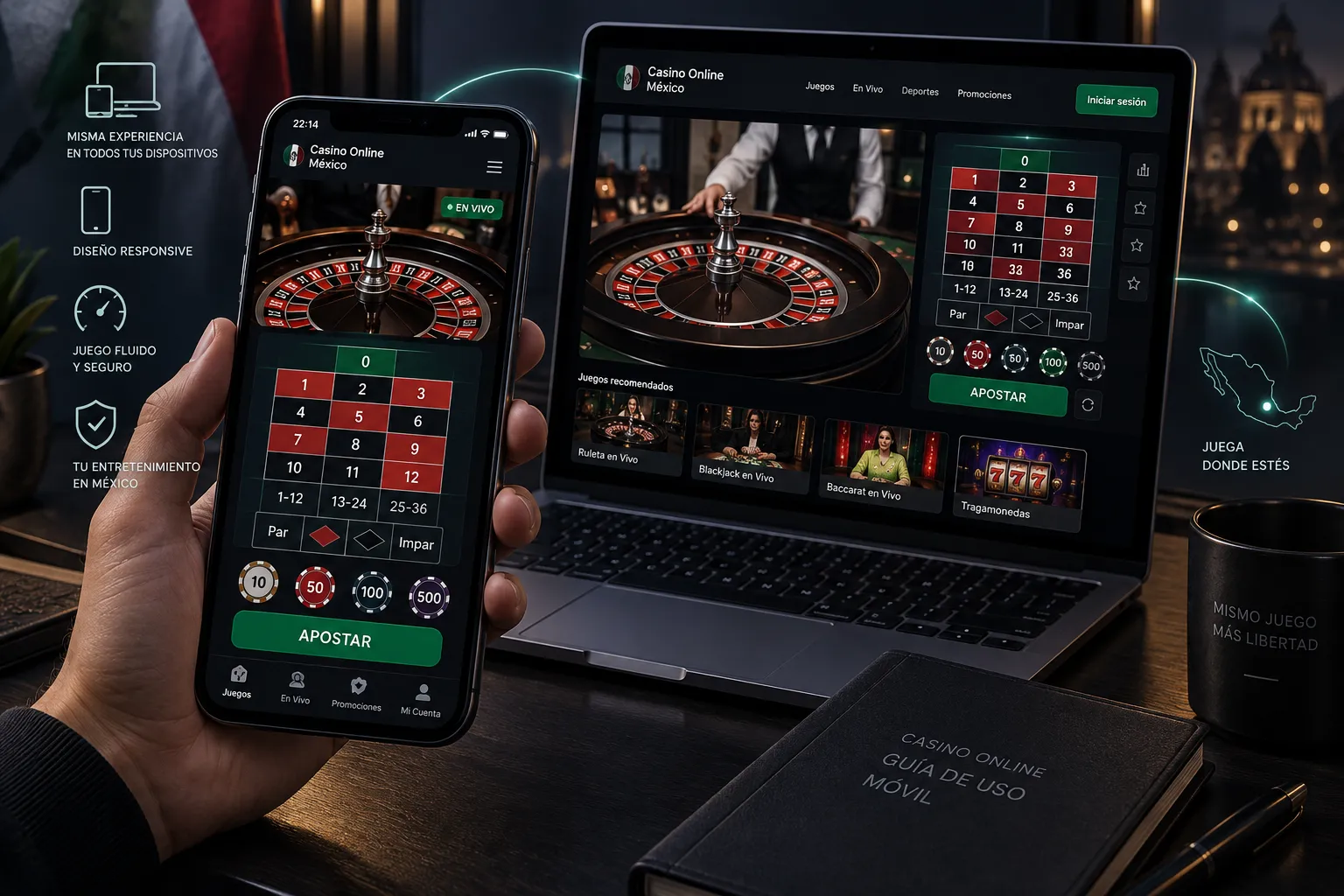 Juego de casino mostrado en un celular y una laptop compatibles