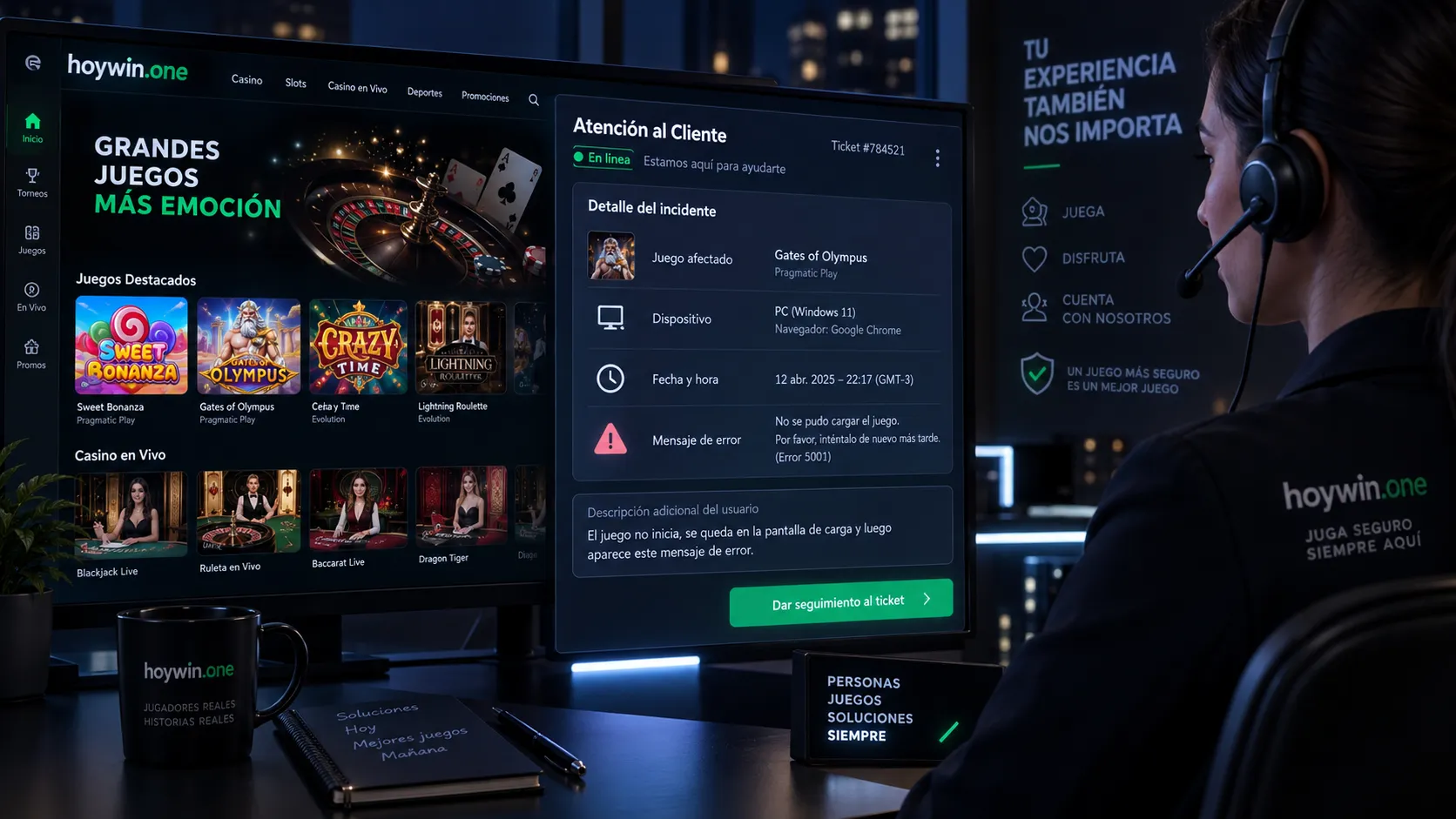 Información de un fallo de casino preparada para contactar con soporte