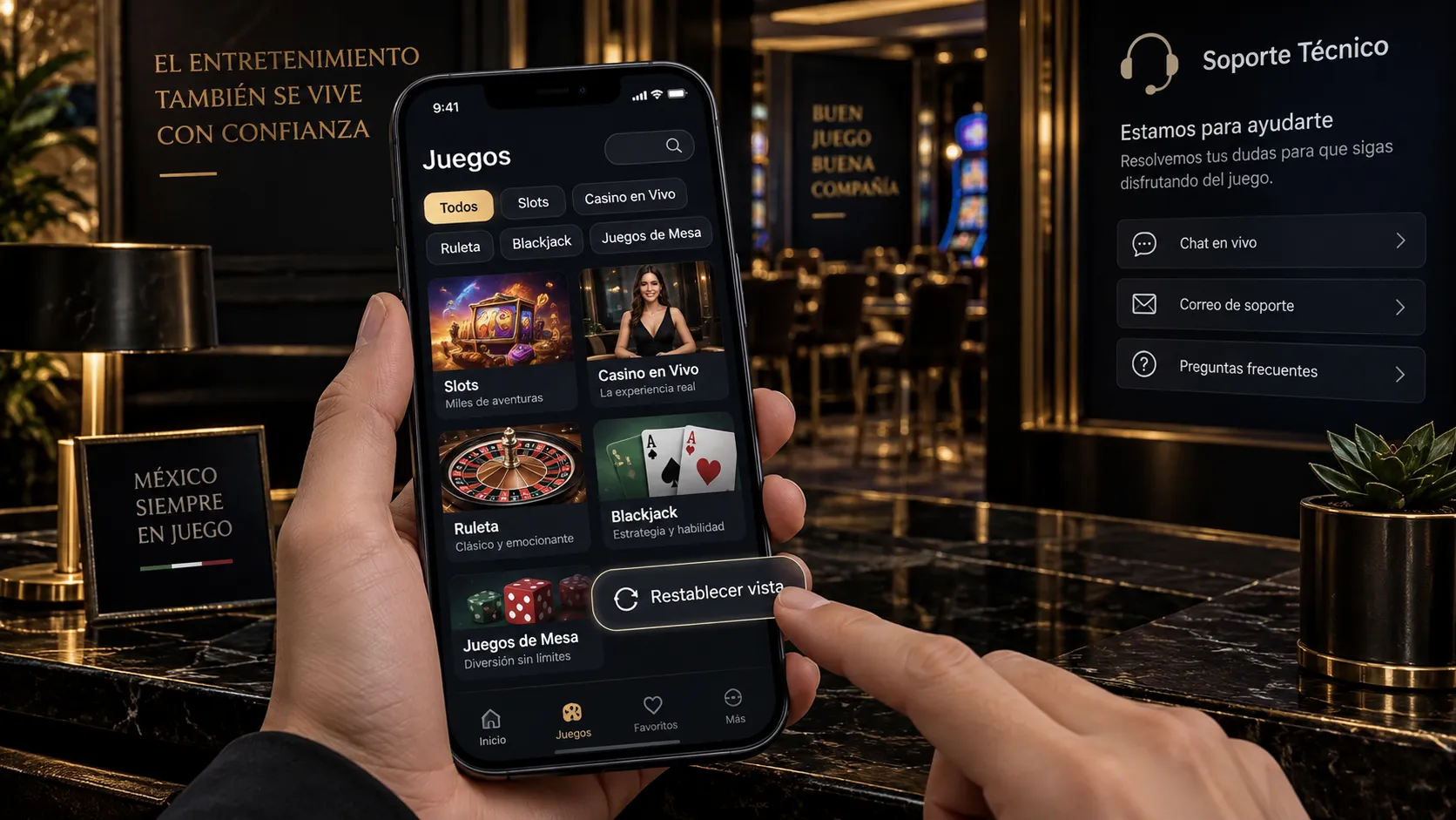 Filtros y categorías del lobby de casino en un celular