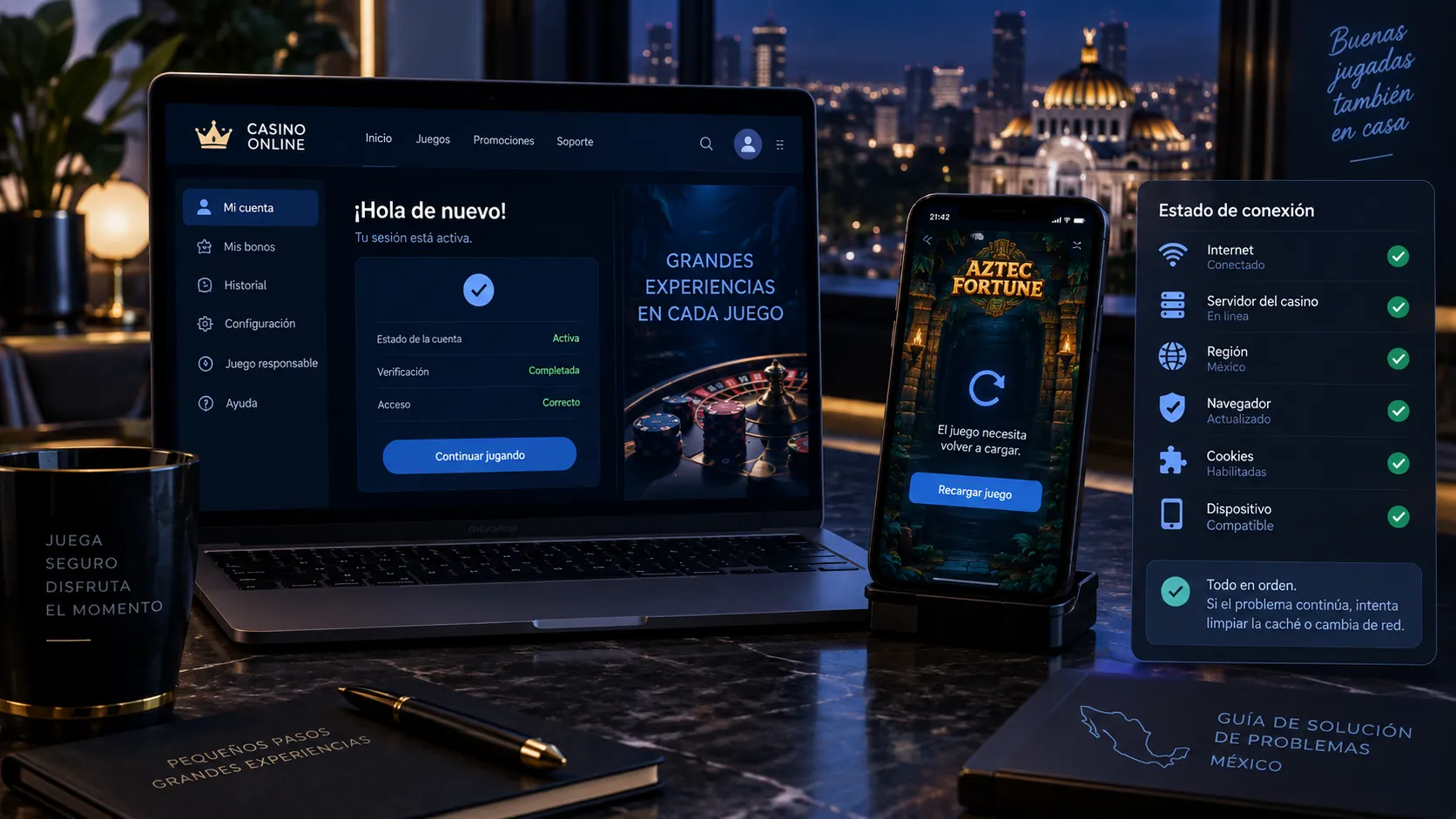 Revisión de sesión y carga de un juego de casino online