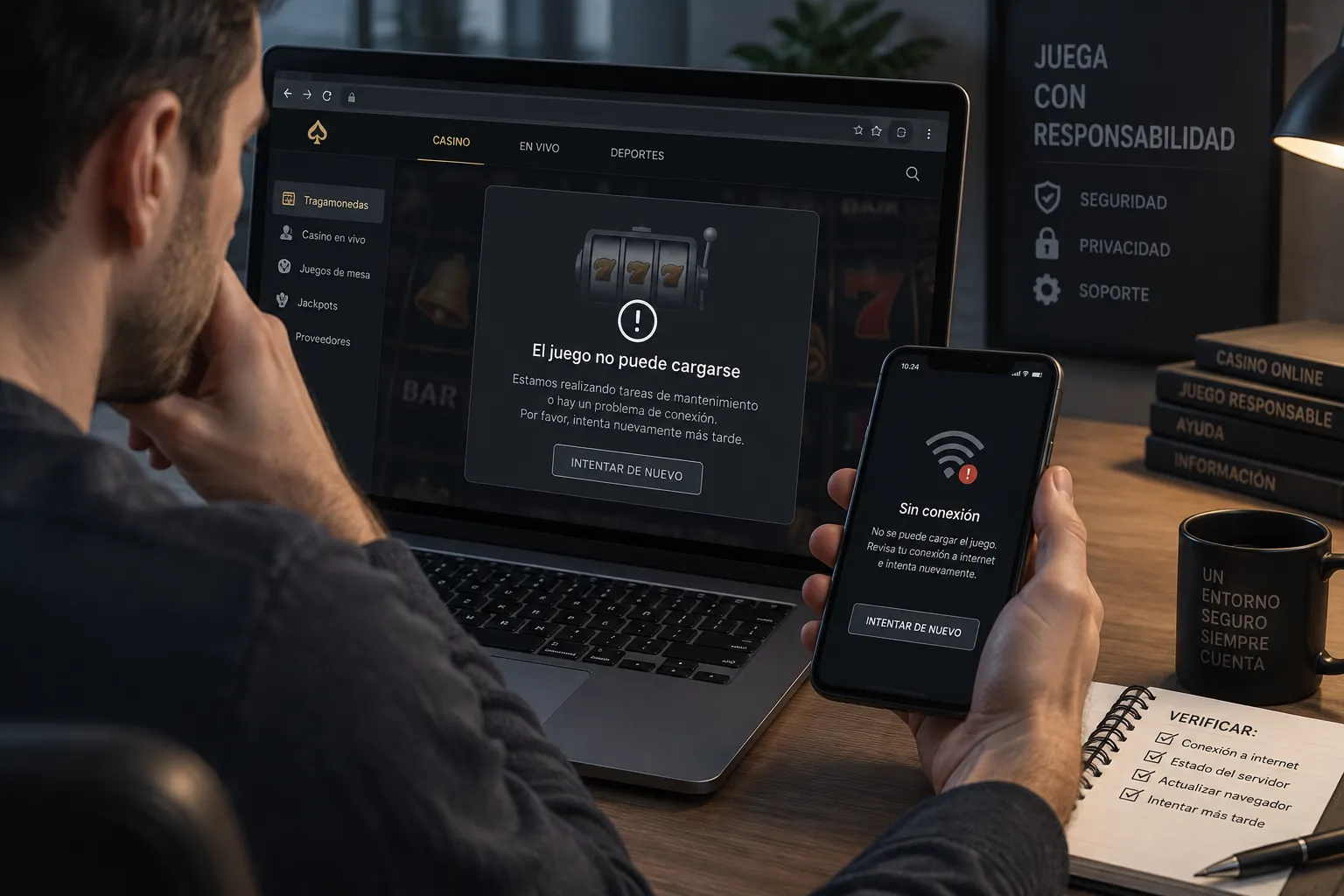 Comprobación de un juego de casino que no carga en computadora y celular
