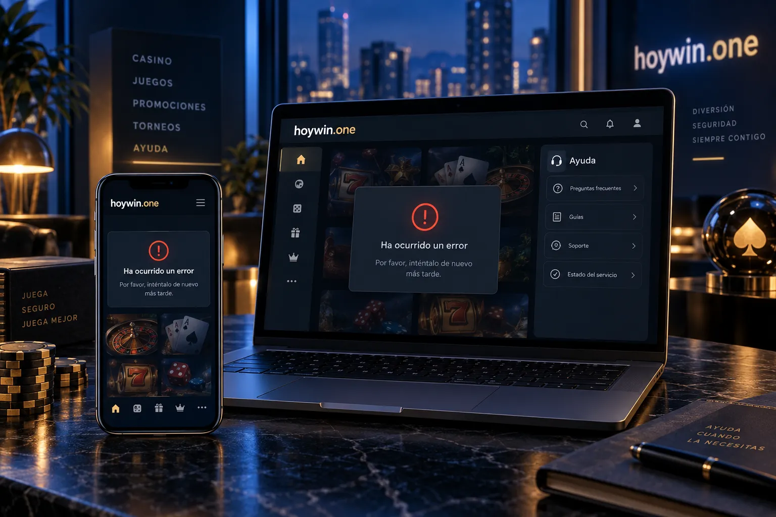 Interfaz de soporte de casino online con un mensaje de error en un dispositivo móvil