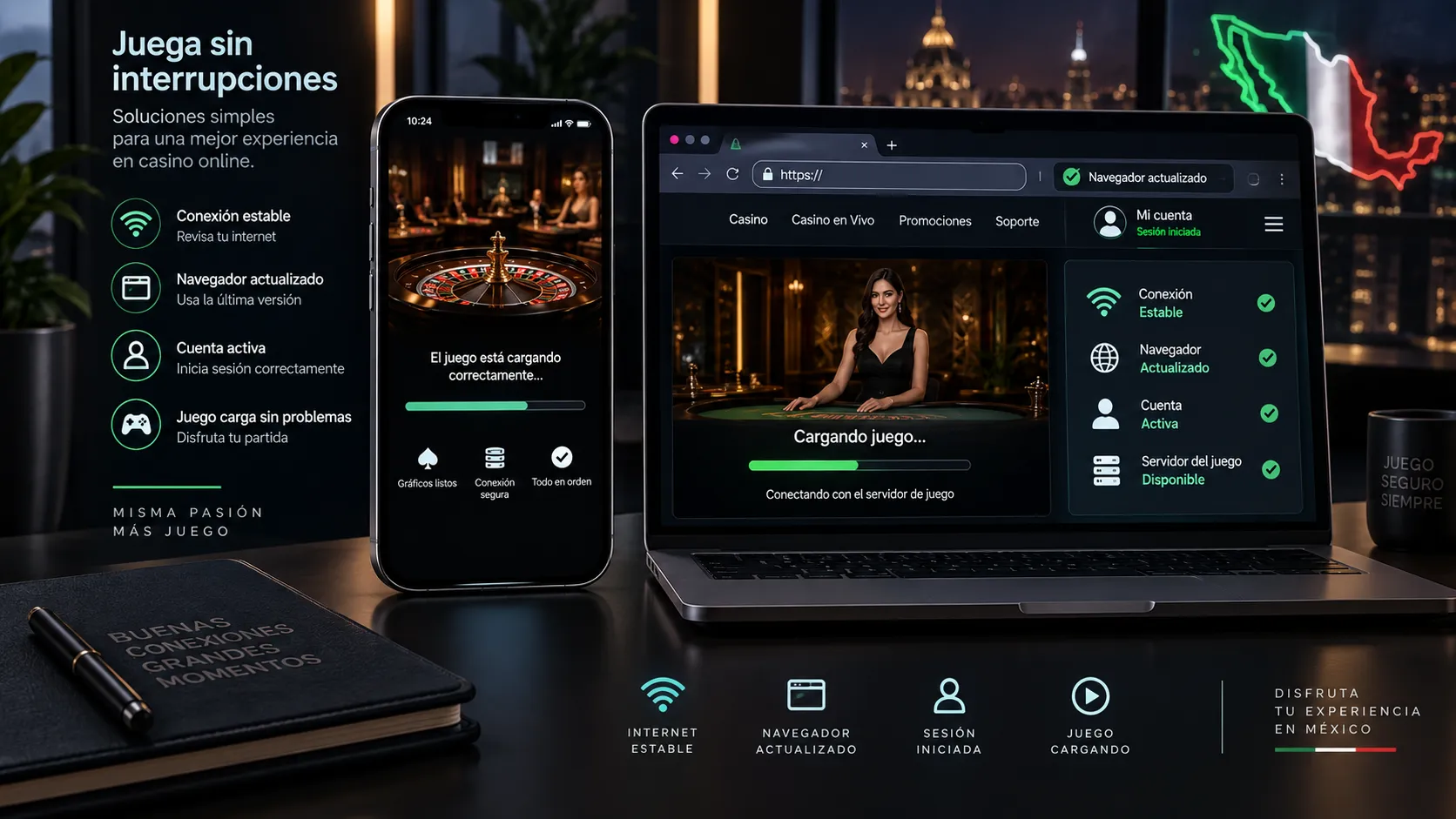 Comprobación de conexión y carga de un juego de casino online