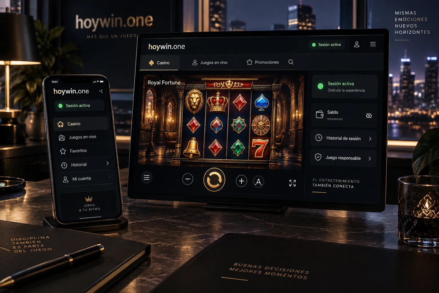 Interfaz de casino online mostrando una sesión de juego activa y el acceso al historial