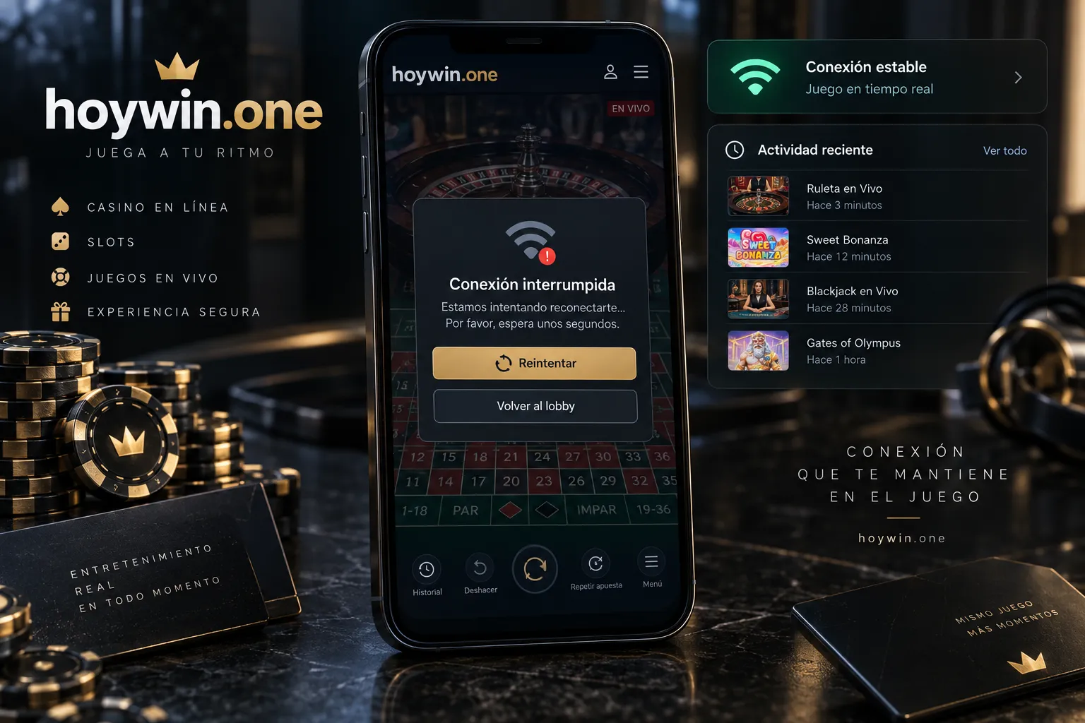 Pantalla móvil de casino con aviso de reconexión y revisión de actividad