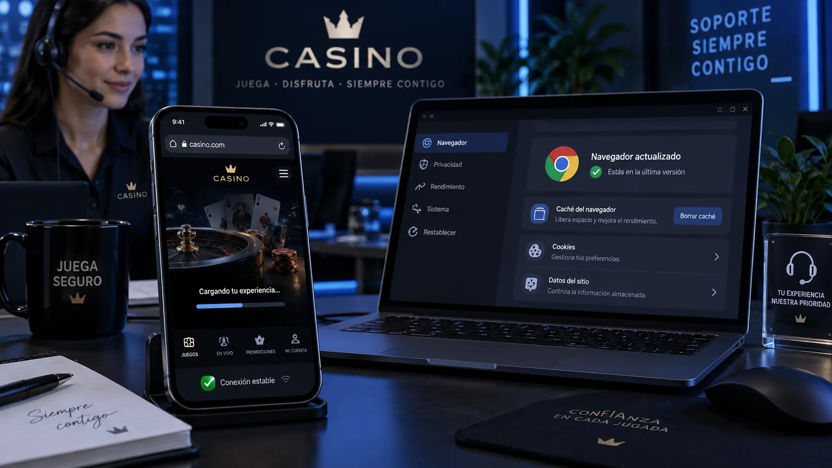 Comprobación de conexión y navegador antes de jugar casino